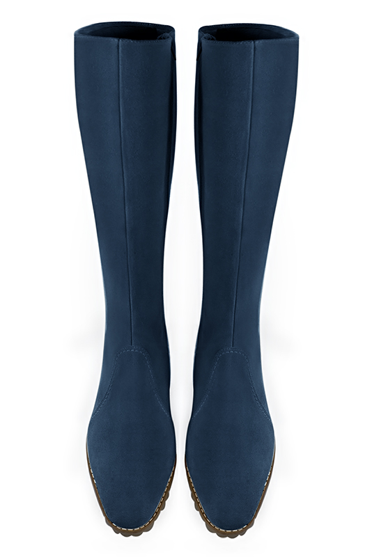 Navy blue women's riding knee-high boots. Round toe. Medium block heels. Made to measure. Top view - Florence KOOIJMAN